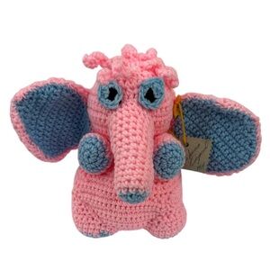 Vintage 1994 Handmade Original Crochet Stuffed Elephant Plush Baby Pink Blue New